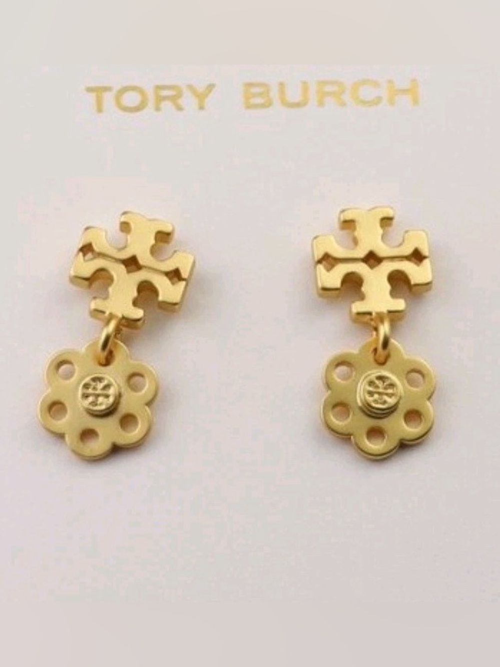 Tory Burch Kira Earrings Gold Clover Flower Logo Drop Stud Dangle Signed